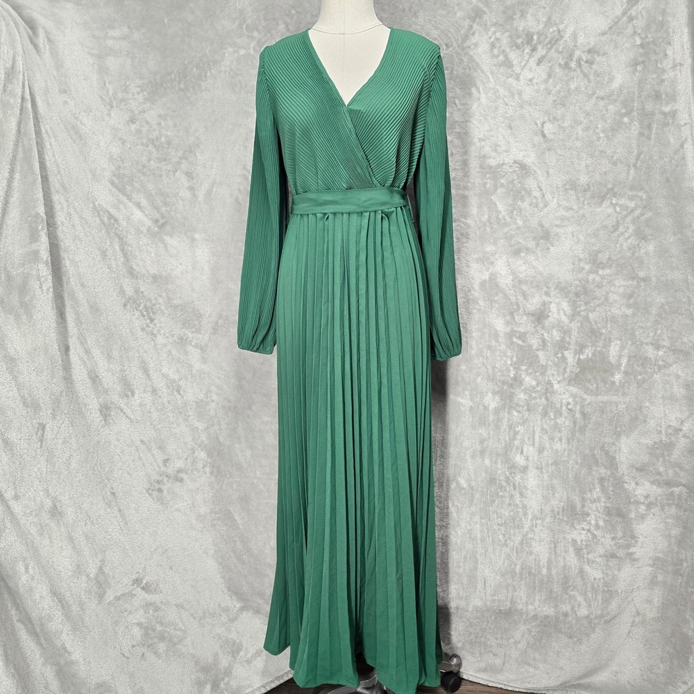 Maxi Dress Women M Emerald Green Pleated Long Sleeve V-Neck Belt Wedding Party